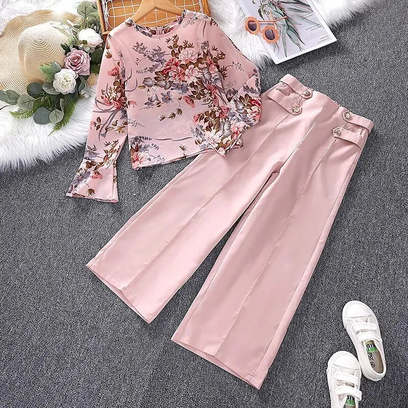 Floral Flare & Pink Wide-Leg Kids Outfit