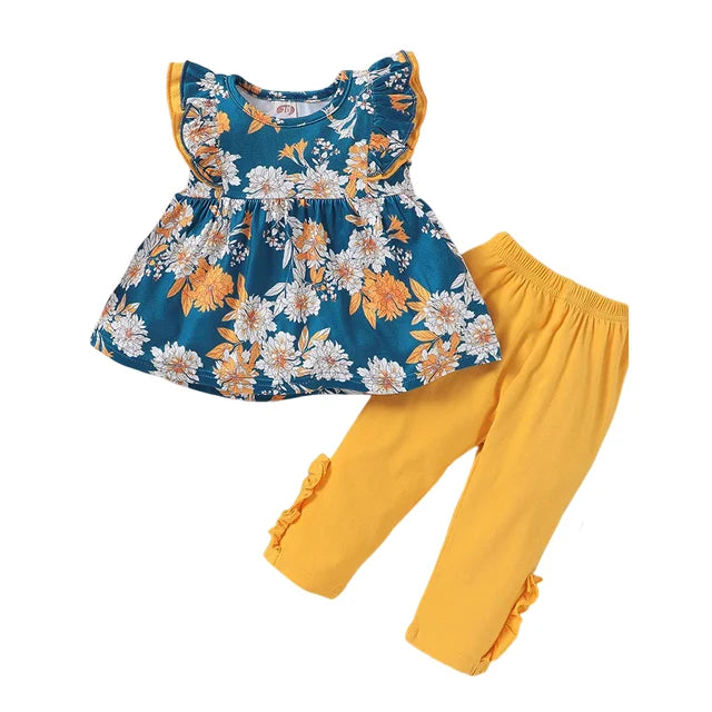 Floral Sleeveless T-shirt & Solid Leggings Set